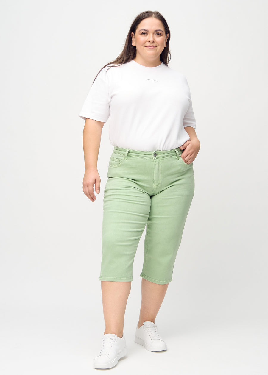 Fuldt billede af en plus-size model i lysegrønne regular capris.