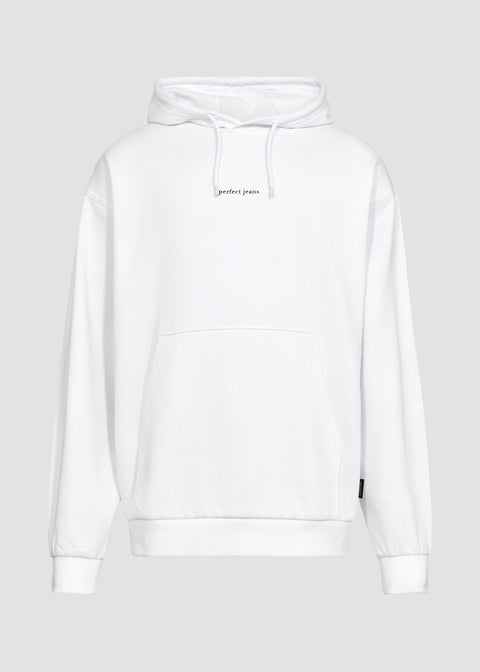 Hvid unisex hoodie fra Perfect Jeans, med sort logo midt på brystet, set forfra.