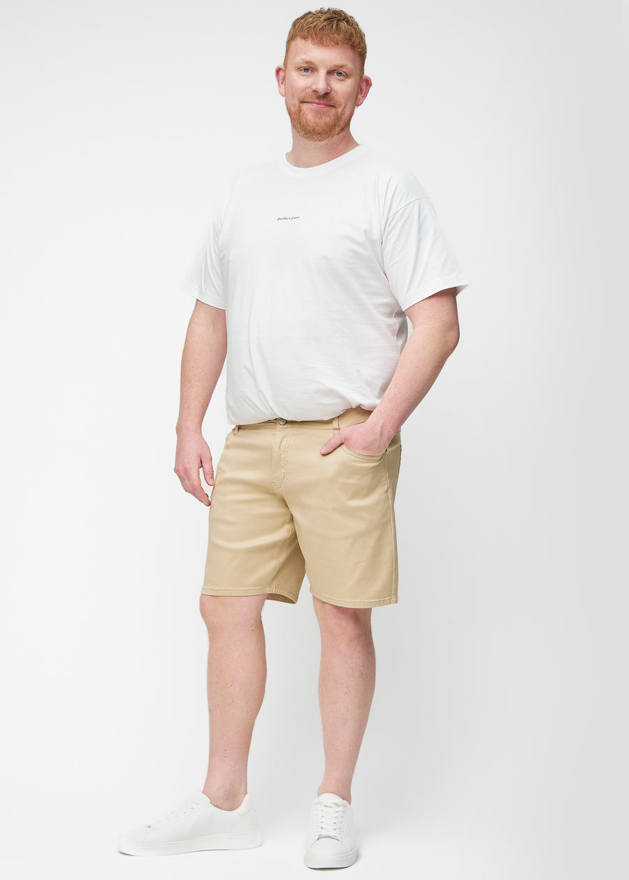 Full image of a plus-size model wearing beige shorts for men in the colour Gazelles with a regular fit.
