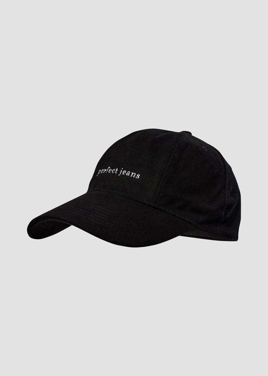 Black cap by Perfect Jeans with a white logo, front view.