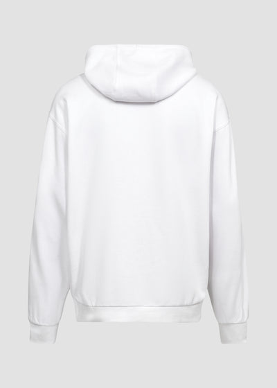 Hvid unisex hoodie fra Perfect Jeans, set bagfra.