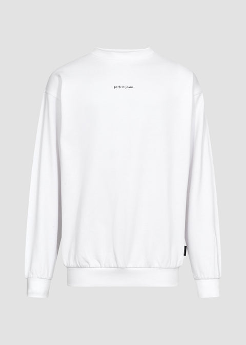 Hvid unisex sweatshirt fra Perfect Jeans, med sort logo midt på brystet, set forfra.